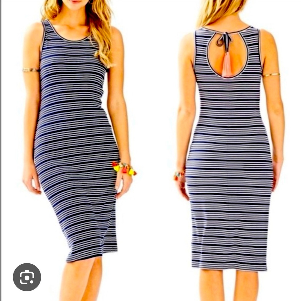 Lilly Pulitzer Jordyn Dress Navy and White Stripe with back tassel detail